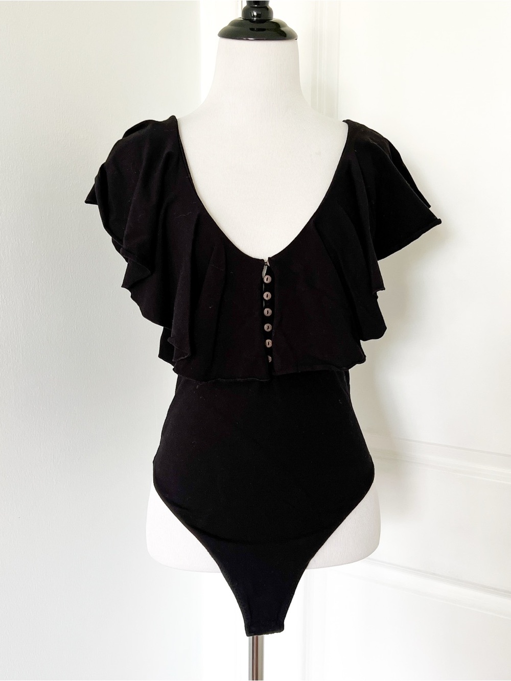 Free People Black Ruffle V-Neck Button Bodysuit